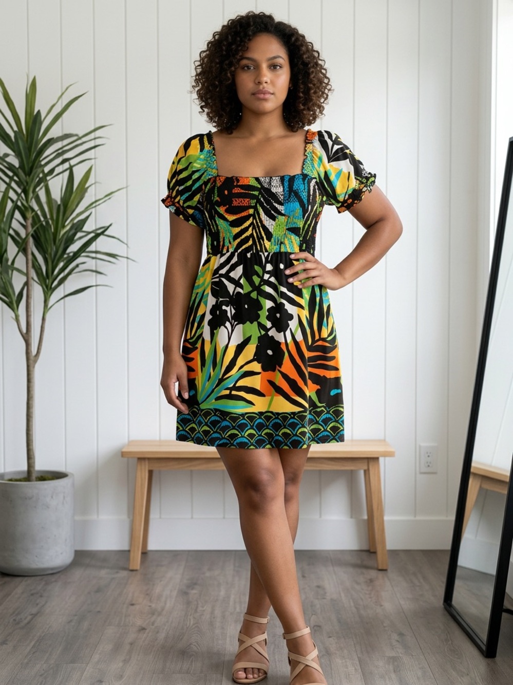 Tropical Smocked Puff-Sleeve Mini Dress - Multi